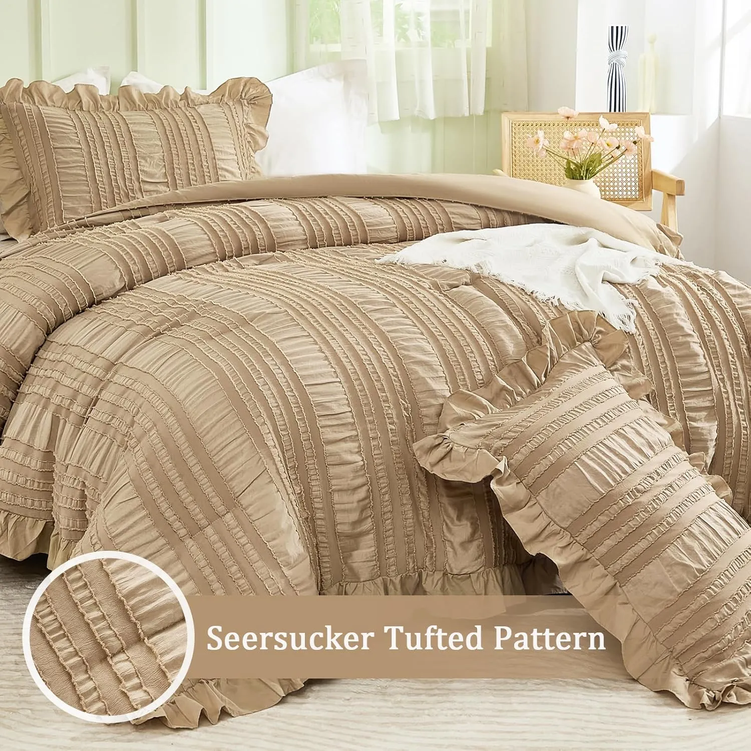 WONGS BEDDING Khaki Comforter Set Queen,3 Pieces Ruffle Farmhouse Shabby Chic Comforter for Queen Bed,Soft Seersucker Textured Boho Bedding Set with 1 Ruffle Comforter,2 Tufted Pillowcases 90"×90"