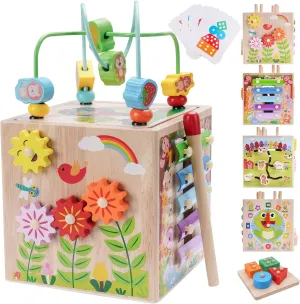 Wooden Activity Cube | Montessori Toys for 1 2 3 Year Old Toddlers | One Year Old 1st First Birthday Gift | Educational Toys for 12  Months Baby Boys Girls | Bonus Sorting & Stacking Game (Pink)