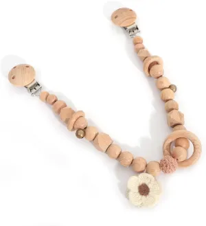 Wooden Baby Stroller Chain with Daisy - Stroller Toy for Babies 0-12 Months, Baby Seat Hanging Sensory Activity Bell, Rattle, Boho Stroller Garland with Natural Beech Beads and Crochet Flower