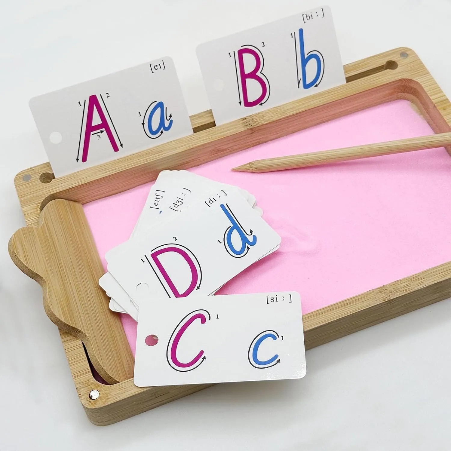 Wooden Sand Tray With Lid for Kids Writing Letters and Numbers, 10.2 x 6.3 Inch Montessori Tray With Pink Sand, Card, Pen for Drawing
