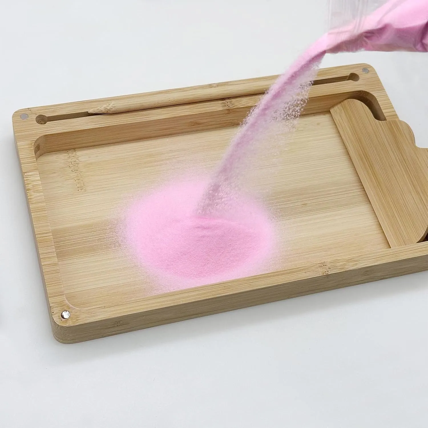 Wooden Sand Tray With Lid for Kids Writing Letters and Numbers, 10.2 x 6.3 Inch Montessori Tray With Pink Sand, Card, Pen for Drawing