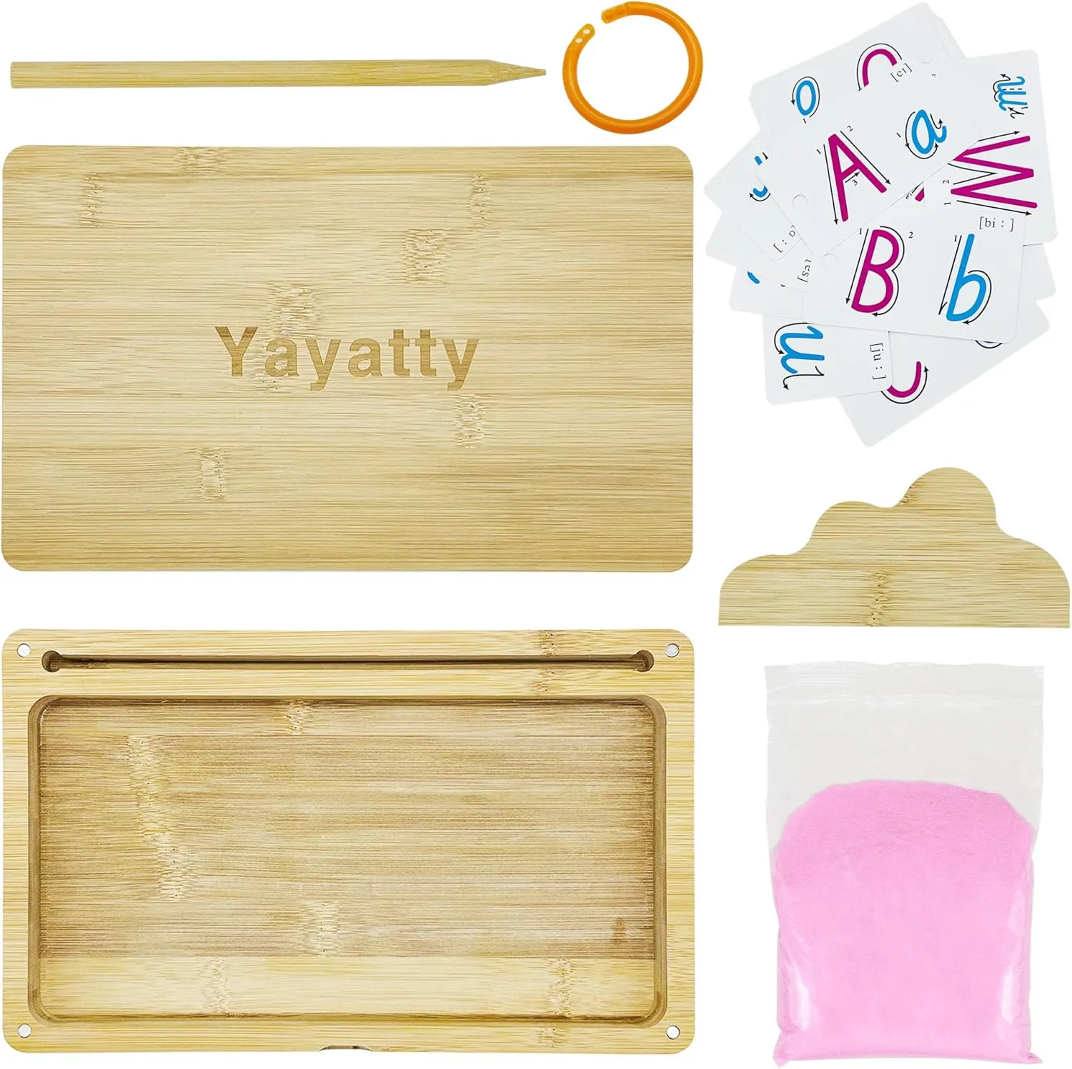 Wooden Sand Tray With Lid for Kids Writing Letters and Numbers, 10.2 x 6.3 Inch Montessori Tray With Pink Sand, Card, Pen for Drawing