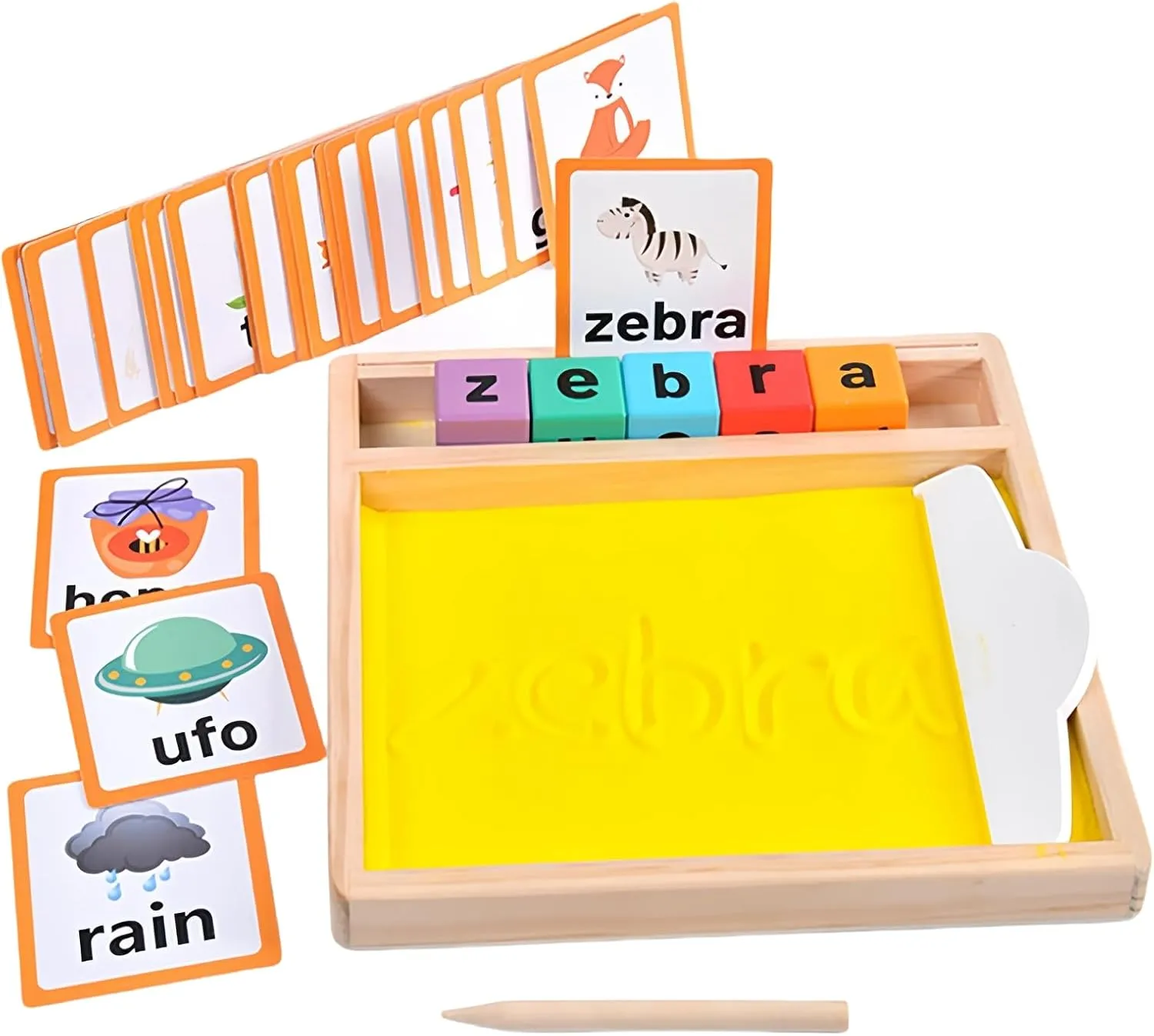 Wooden Sand Writing Tray – Educational Sand Tray for 3 Year Old Kids with Cards, Blocks & Pen – Trace Letters, Numbers & Draw – Perfect Preschool & Classroom Gift.