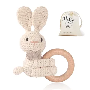 WOODEN TEETHER Crochet Baby Rattle, Crochet Baby Toys, Shaker Toy, Newborn Animal Rattle Toys，Knitted Stuffed Animals Gifts for Baby, Lovely Bunny