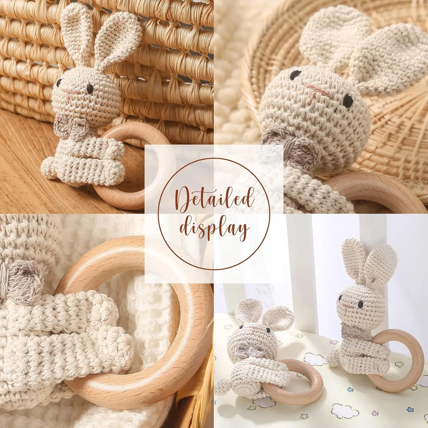 WOODEN TEETHER Crochet Baby Rattle, Crochet Baby Toys, Shaker Toy, Newborn Animal Rattle Toys，Knitted Stuffed Animals Gifts for Baby, Lovely Bunny