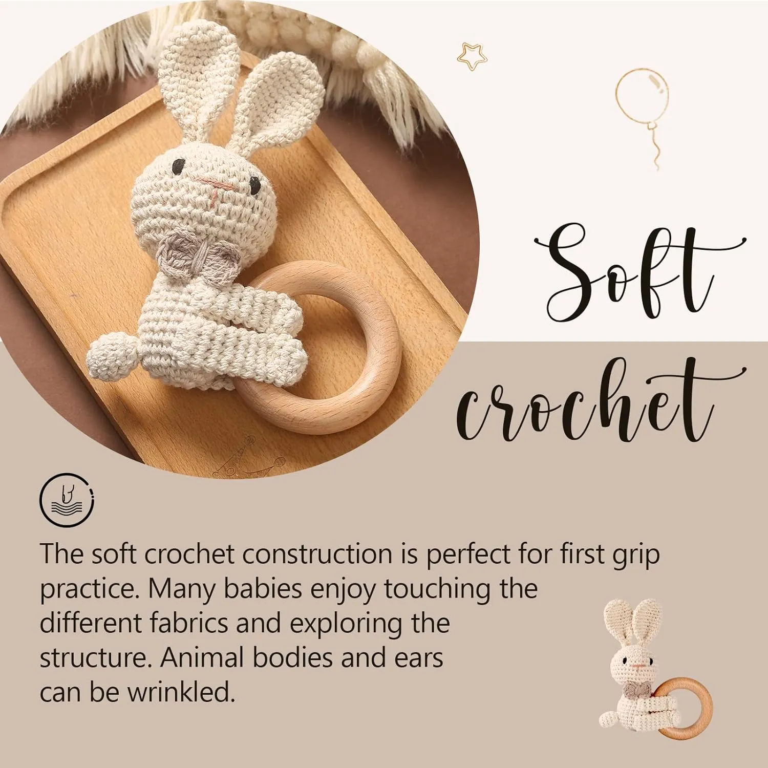 WOODEN TEETHER Crochet Baby Rattle, Crochet Baby Toys, Shaker Toy, Newborn Animal Rattle Toys，Knitted Stuffed Animals Gifts for Baby, Lovely Bunny