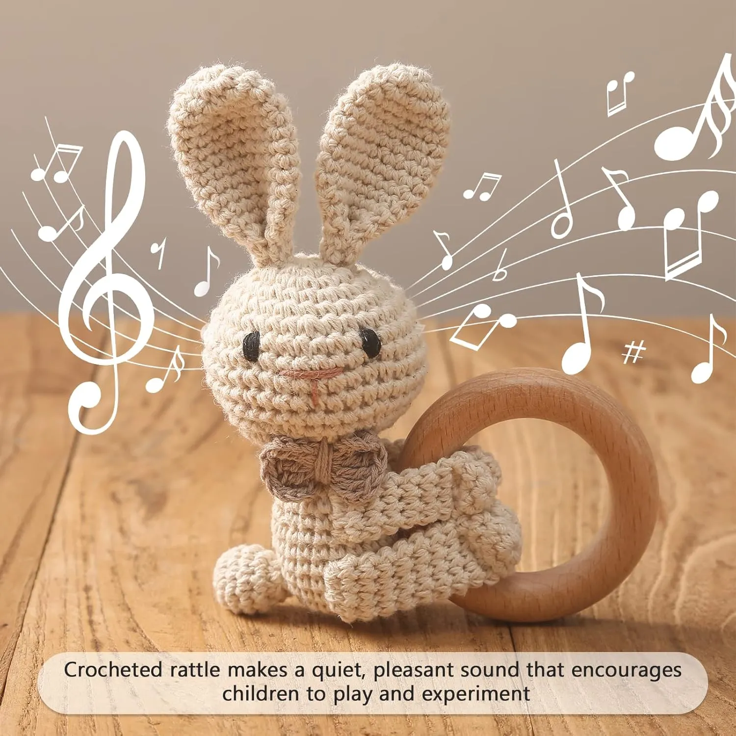 WOODEN TEETHER Crochet Baby Rattle, Crochet Baby Toys, Shaker Toy, Newborn Animal Rattle Toys，Knitted Stuffed Animals Gifts for Baby, Lovely Bunny