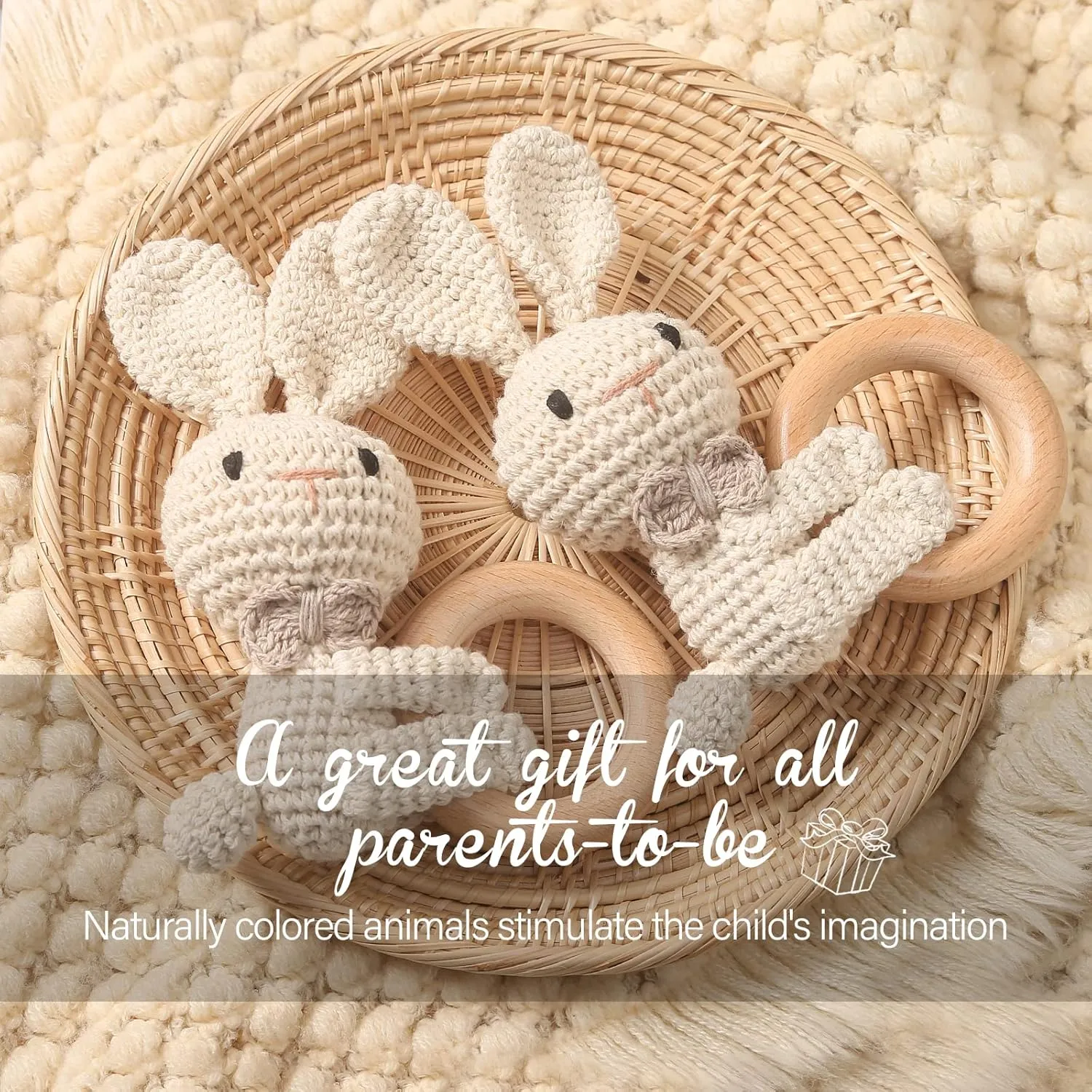 WOODEN TEETHER Crochet Baby Rattle, Crochet Baby Toys, Shaker Toy, Newborn Animal Rattle Toys，Knitted Stuffed Animals Gifts for Baby, Lovely Bunny