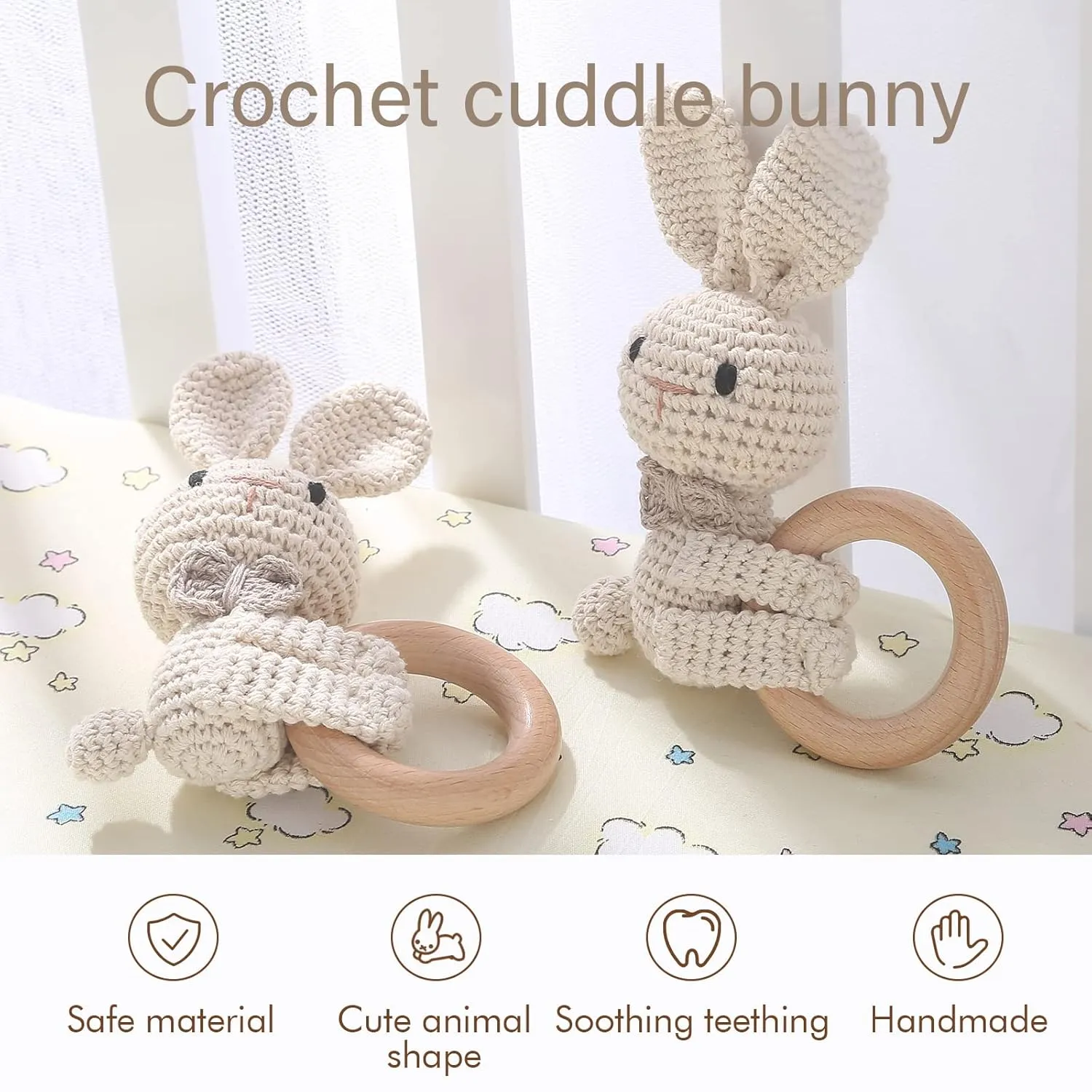WOODEN TEETHER Crochet Baby Rattle, Crochet Baby Toys, Shaker Toy, Newborn Animal Rattle Toys，Knitted Stuffed Animals Gifts for Baby, Lovely Bunny