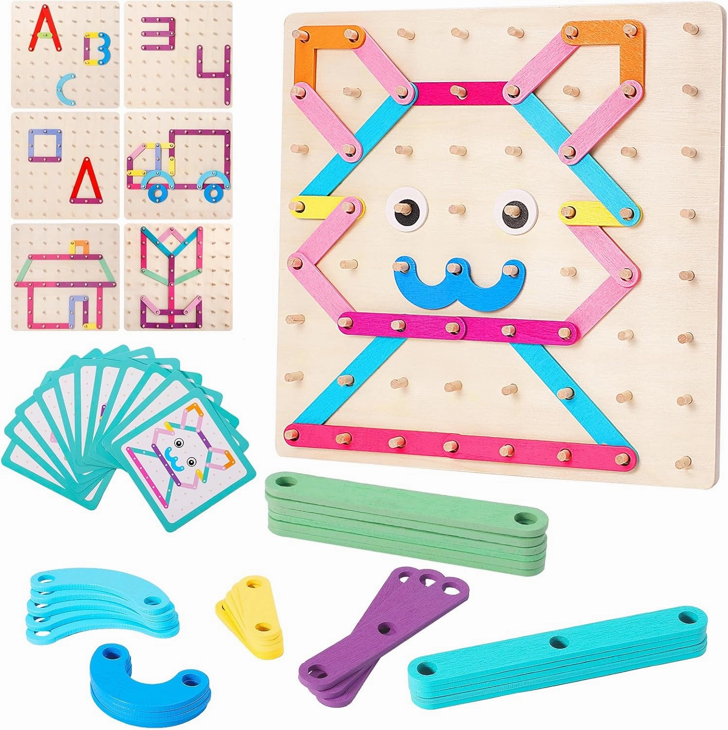 Wooden Montessori Toy for Toddlers, Letter Number Construction Set Pegboard Puzzle Stacking Blocks, Preschool Learning ABC Shape Educational Toys for Kids Boys Girls