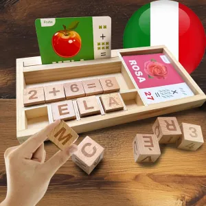 Word Spelling Games for Kids - Math Italian Word Games with Flash Cards Wooden Dice Puzzle Tray, Montessori ABC Learning Travel Toys for Toddlers, Kindergarten Board Activity (Italian)