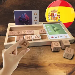 Word Spelling Games for Kids - Math Spanish Word Games with Flash Cards Wooden Dice Puzzle Tray, Montessori ABC Learning Travel Toys for Toddlers, Kindergarten Board Activity (Spanish)