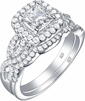 Wuziwen Halo Wedding Ring Sets for Women S925 Silver Engagement Rings Wedding Band Set for Her CZ
