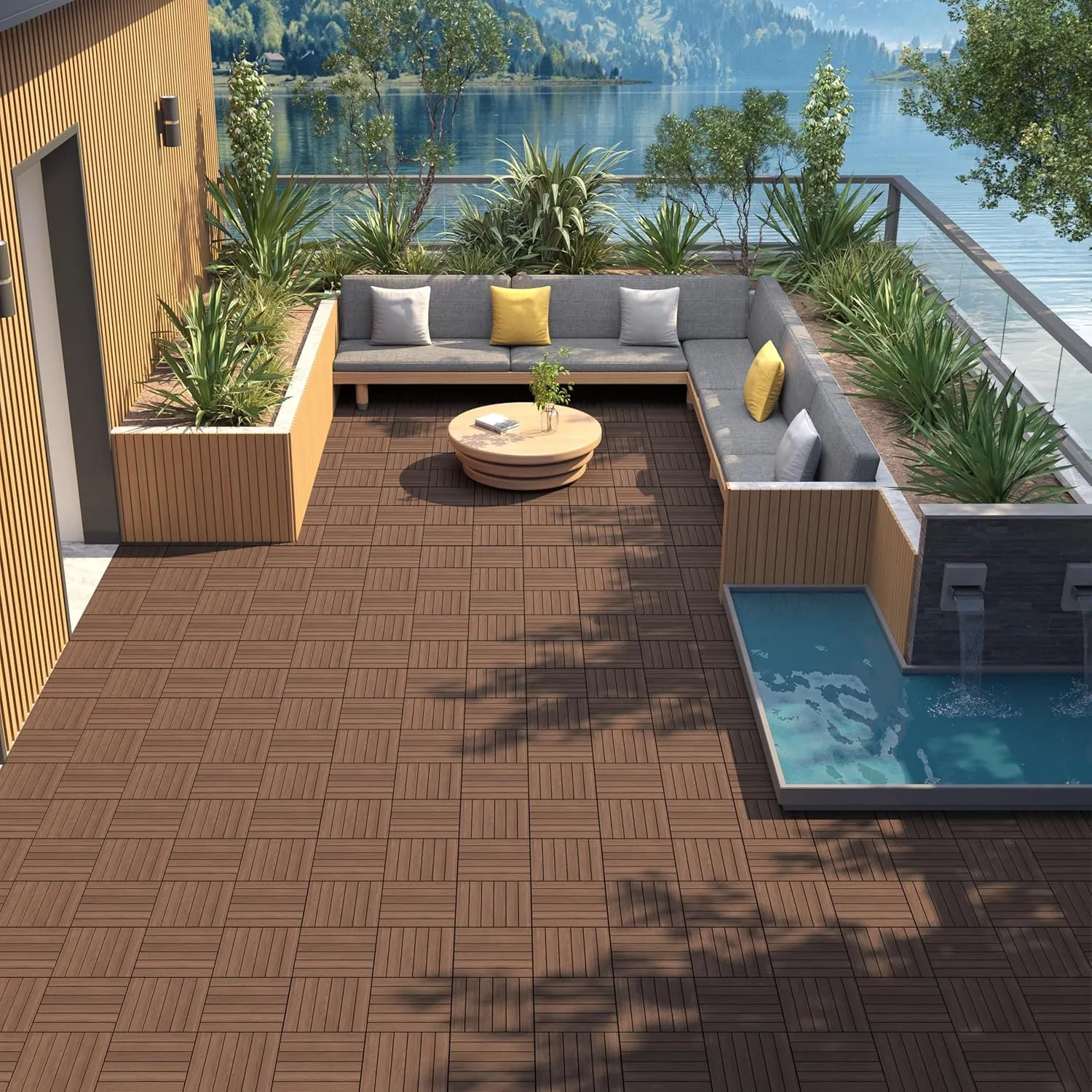 Yaheetech 27PCS Acacia Wood Interlocking Flooring Tiles Waterproof Flooring for Outdoor & Indoor Patio,Balcony,Garden,Poolside,12 � 12 in,Brown