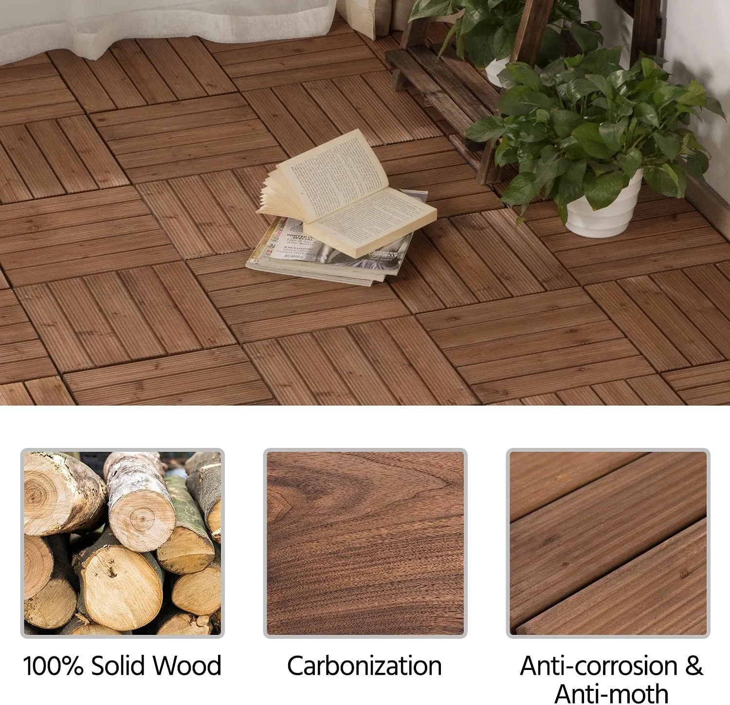 Yaheetech 27PCS Interlocking Patio Deck Tiles 12 x 12in Wood Floor Tiles Outdoor Flooring for Patio Garden Deck Poolside Brown