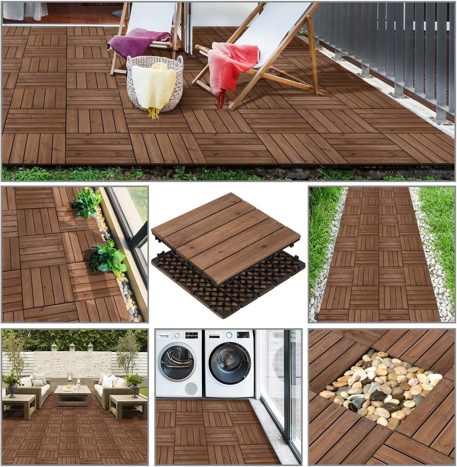Yaheetech 33pcs Interlocking Patio Deck Tiles 12 x 12in Wood Floor Tiles Wooden Flooring for Patio Garden Deck Poolside, Brown