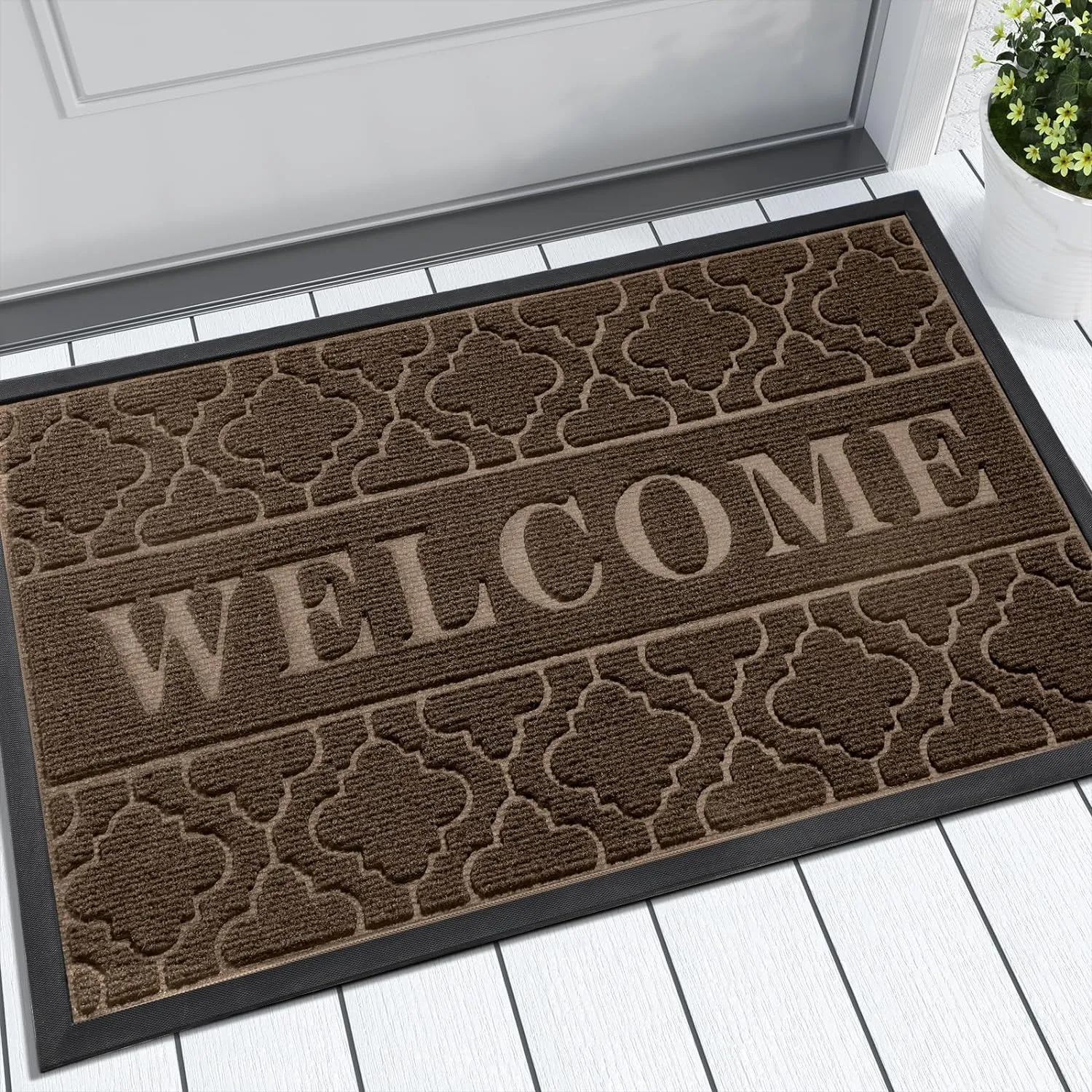 Yimobra Welcome Mat Outdoor Indoor, All-Season Waterproof Front Door Mat Outside Entrance, All-Weather Heavy Duty Non-Slip Doormat, Low Profile Porch Patio Entrance Mats, 29.5x17, Brown