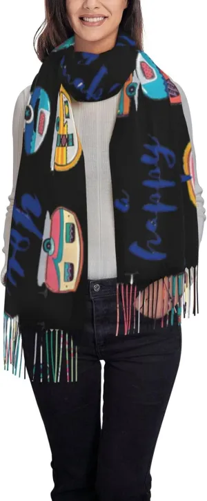 You Make Me Happy Camper Trailer Print Imitation cashmere long velvet tassel scarf,Winter Warm Shawl Wrap.