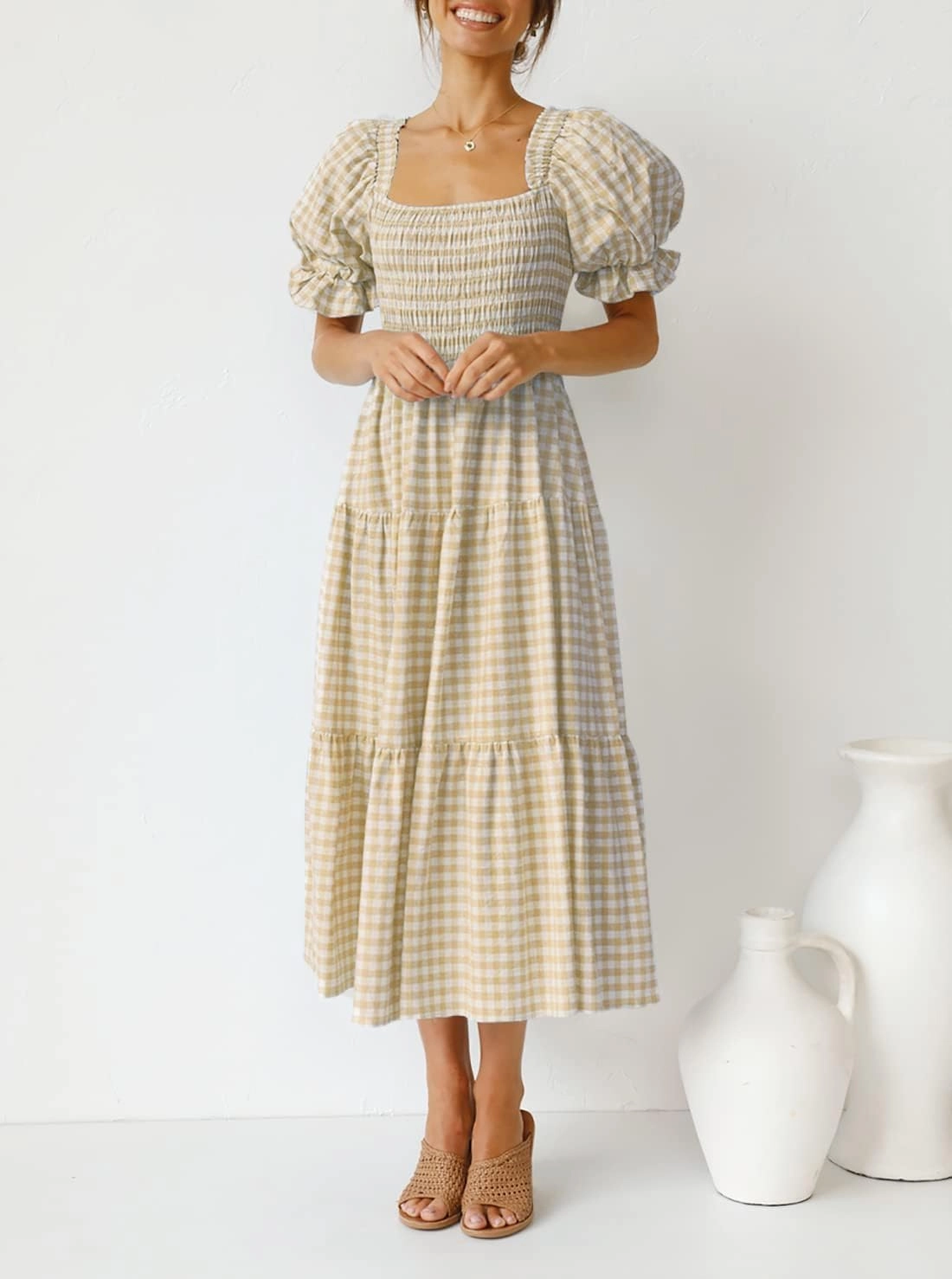 ZESICA Women's 2025 Bohemian Summer Plaid Square Neck Puff Sleeve Ruffle Flowy Beach Midi Dress