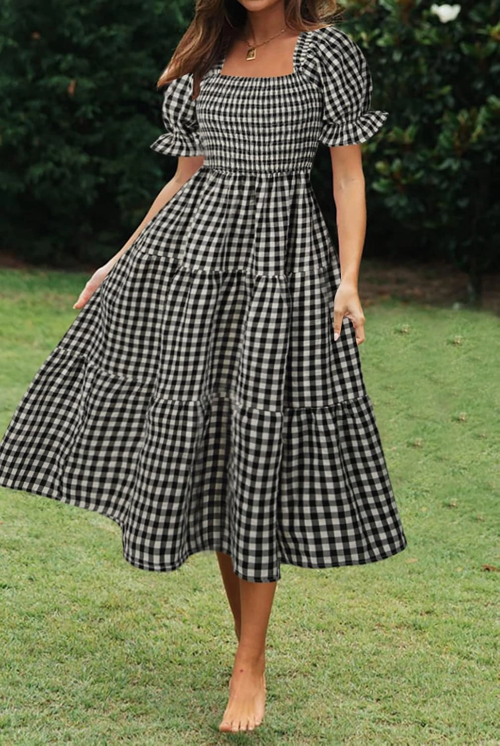 ZESICA Women's 2025 Bohemian Summer Plaid Square Neck Puff Sleeve Ruffle Flowy Beach Midi Dress