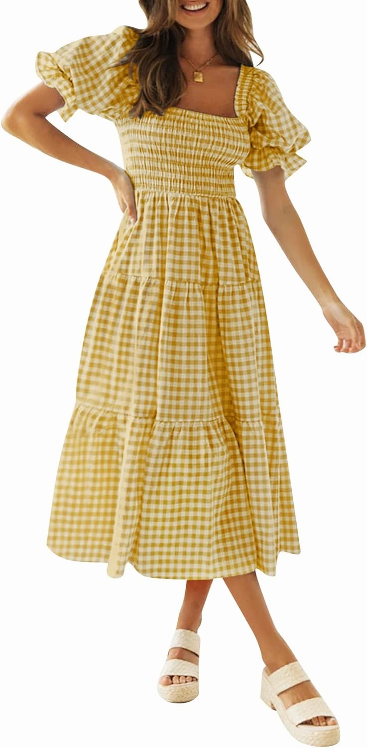 ZESICA Women's 2025 Bohemian Summer Plaid Square Neck Puff Sleeve Ruffle Flowy Beach Midi Dress
