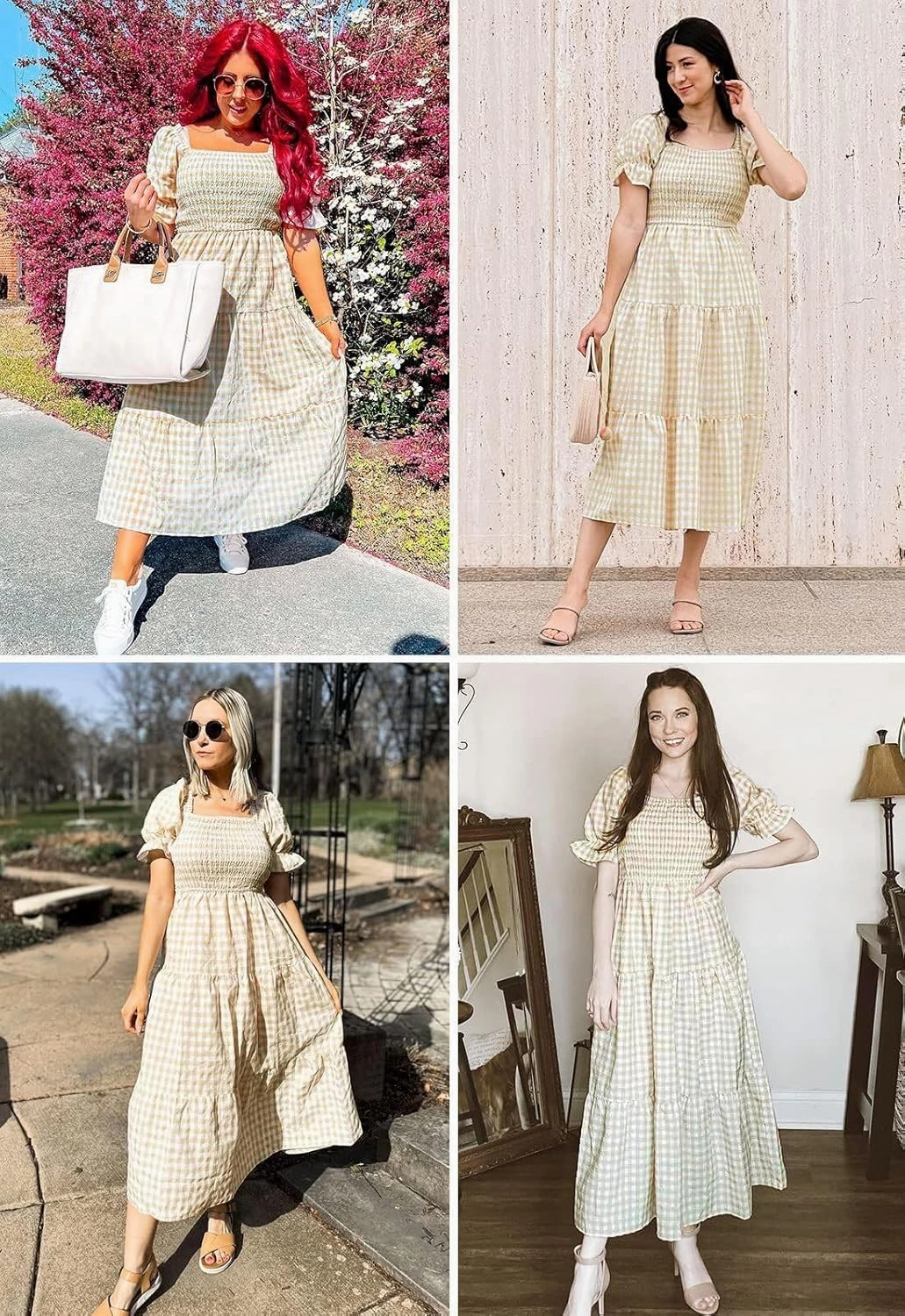 ZESICA Women's 2025 Bohemian Summer Plaid Square Neck Puff Sleeve Ruffle Flowy Beach Midi Dress