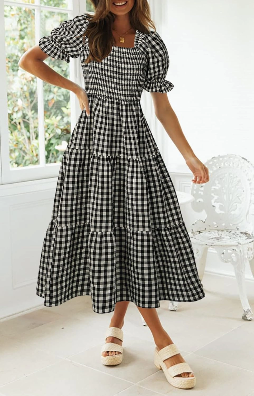 ZESICA Women's 2025 Bohemian Summer Plaid Square Neck Puff Sleeve Ruffle Flowy Beach Midi Dress