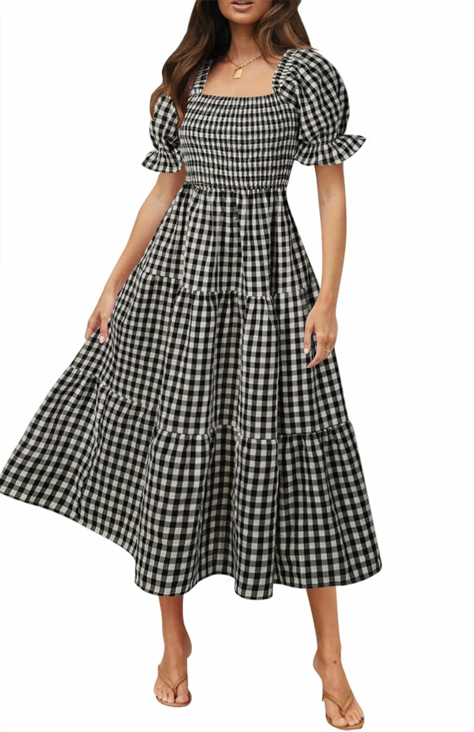 ZESICA Women's 2025 Bohemian Summer Plaid Square Neck Puff Sleeve Ruffle Flowy Beach Midi Dress