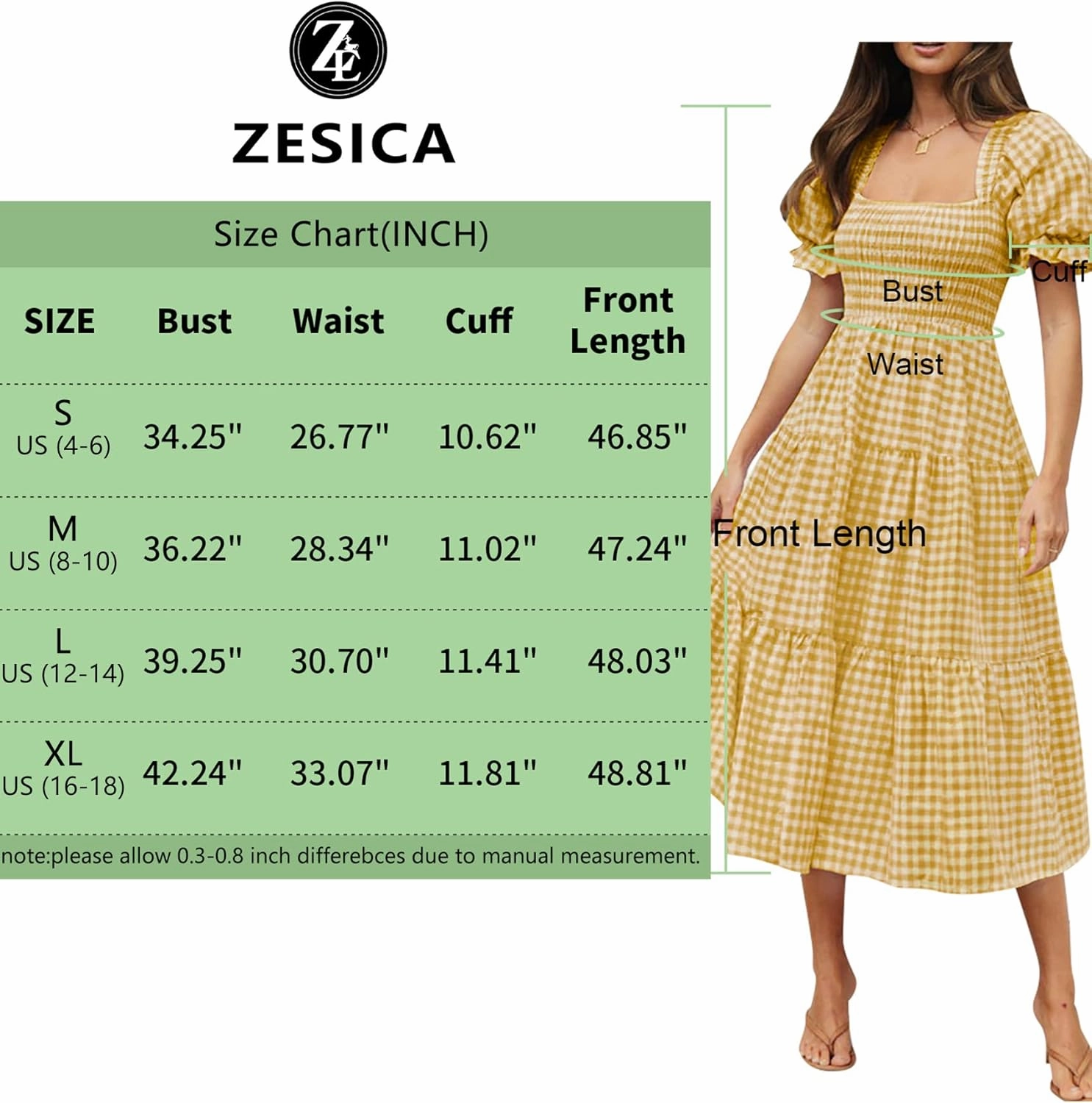 ZESICA Women's 2025 Bohemian Summer Plaid Square Neck Puff Sleeve Ruffle Flowy Beach Midi Dress