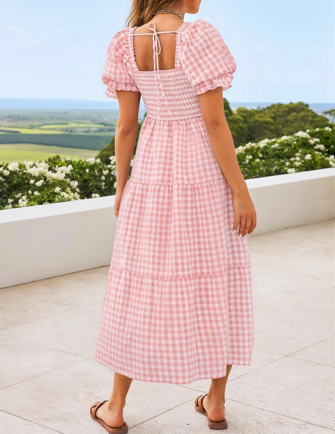 ZESICA Women's 2025 Bohemian Summer Plaid Square Neck Puff Sleeve Ruffle Flowy Beach Midi Dress