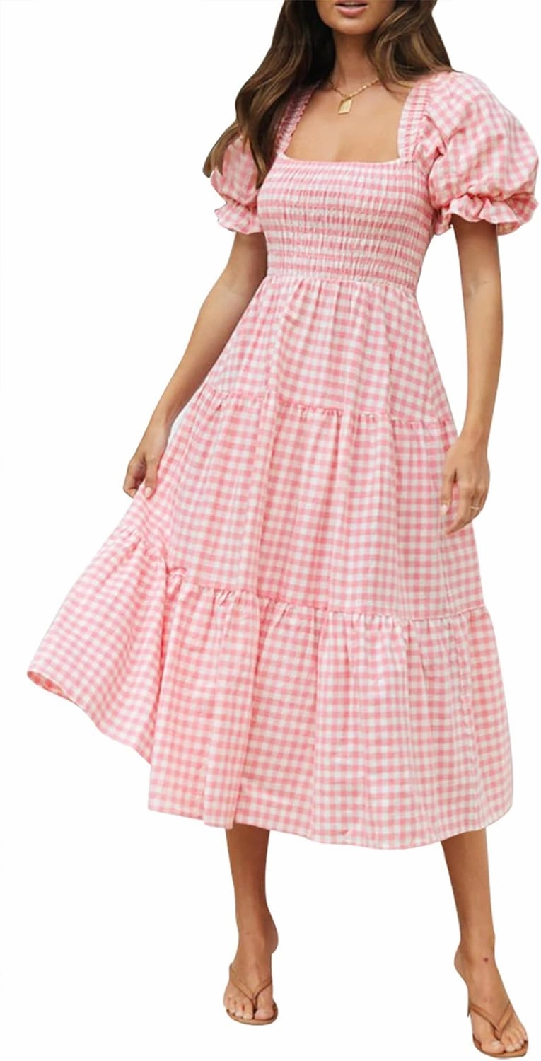 ZESICA Women's 2025 Bohemian Summer Plaid Square Neck Puff Sleeve Ruffle Flowy Beach Midi Dress