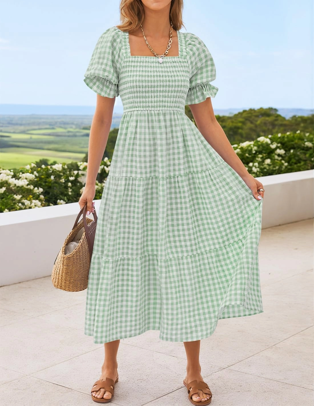 ZESICA Women's 2025 Bohemian Summer Plaid Square Neck Puff Sleeve Ruffle Flowy Beach Midi Dress