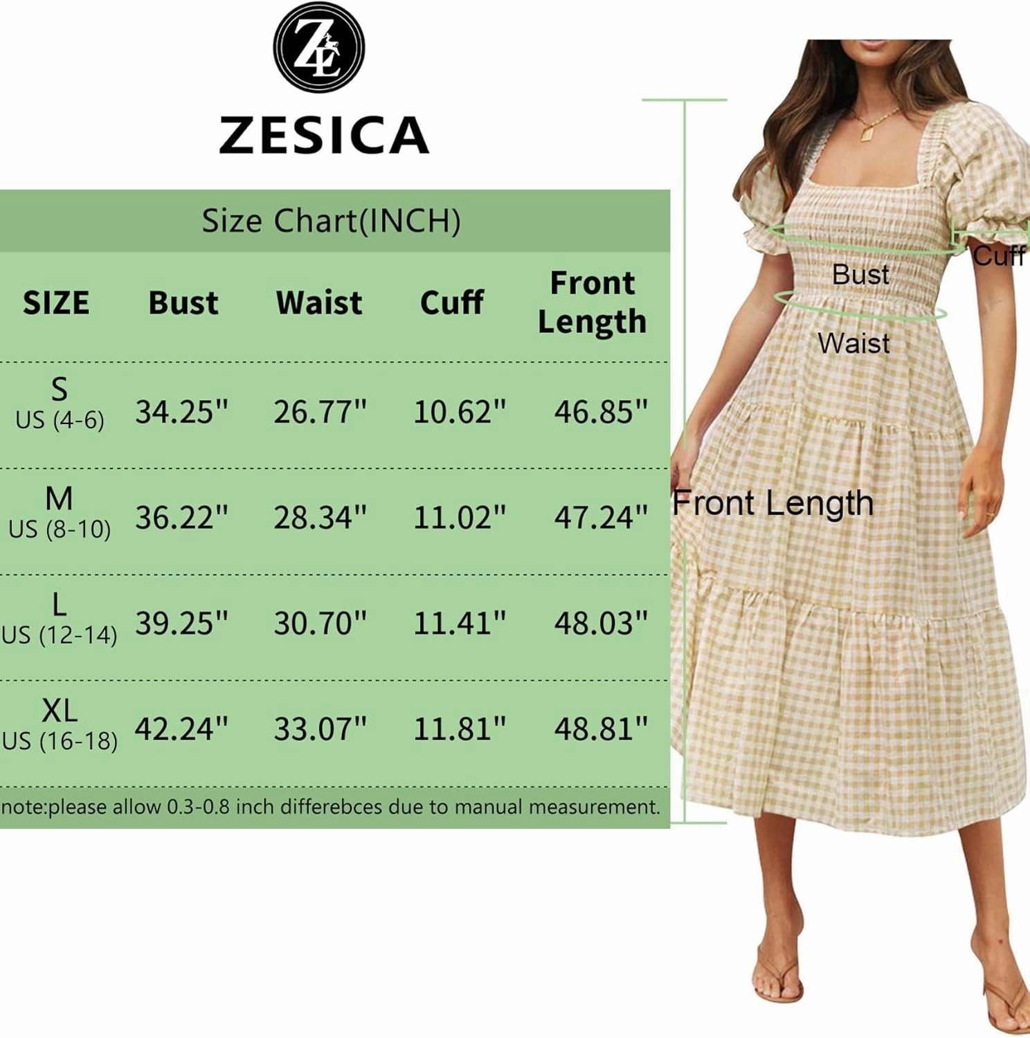 ZESICA Women's 2025 Bohemian Summer Plaid Square Neck Puff Sleeve Ruffle Flowy Beach Midi Dress