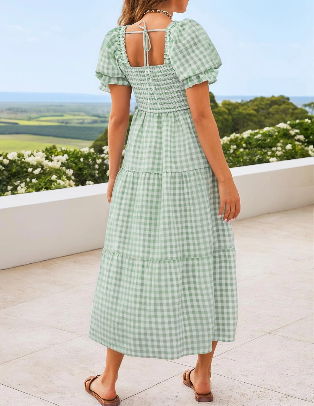 ZESICA Women's 2025 Bohemian Summer Plaid Square Neck Puff Sleeve Ruffle Flowy Beach Midi Dress