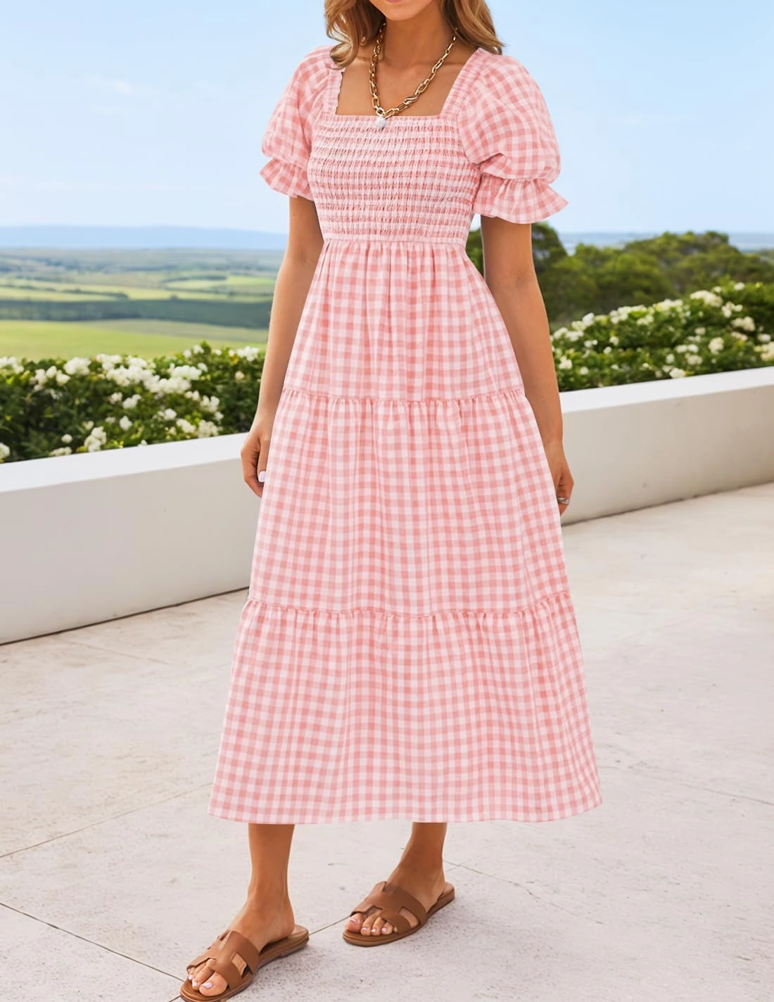 ZESICA Women's 2025 Bohemian Summer Plaid Square Neck Puff Sleeve Ruffle Flowy Beach Midi Dress