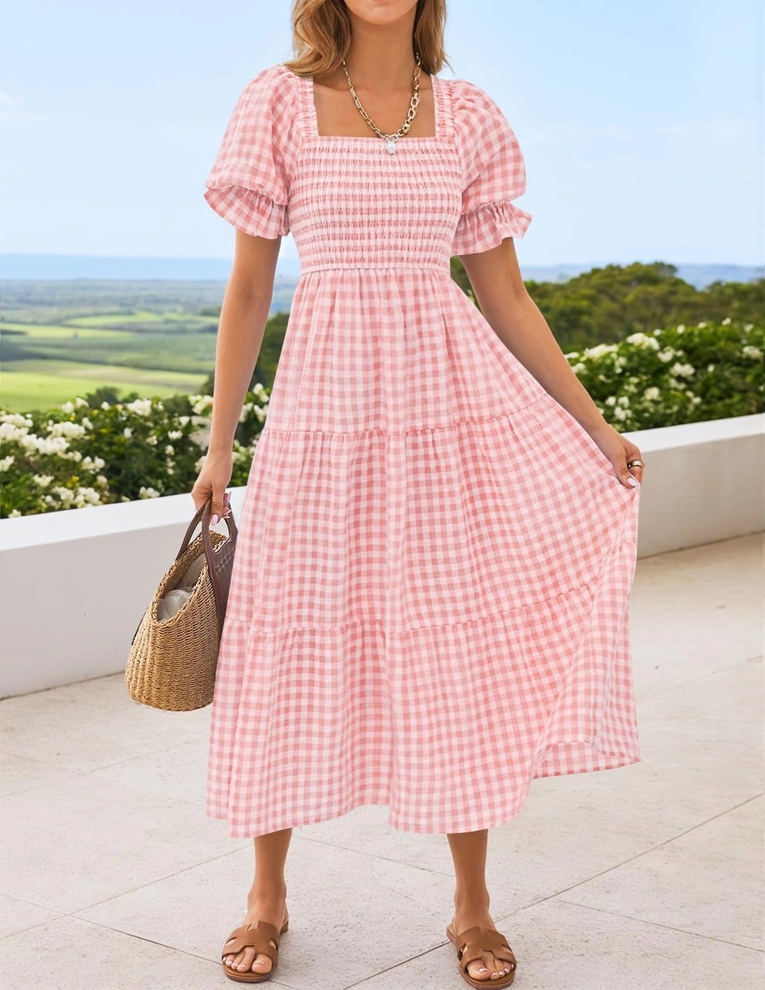 ZESICA Women's 2025 Bohemian Summer Plaid Square Neck Puff Sleeve Ruffle Flowy Beach Midi Dress