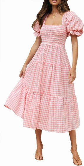 ZESICA Women's 2025 Bohemian Summer Plaid Square Neck Puff Sleeve Ruffle Flowy Beach Midi Dress