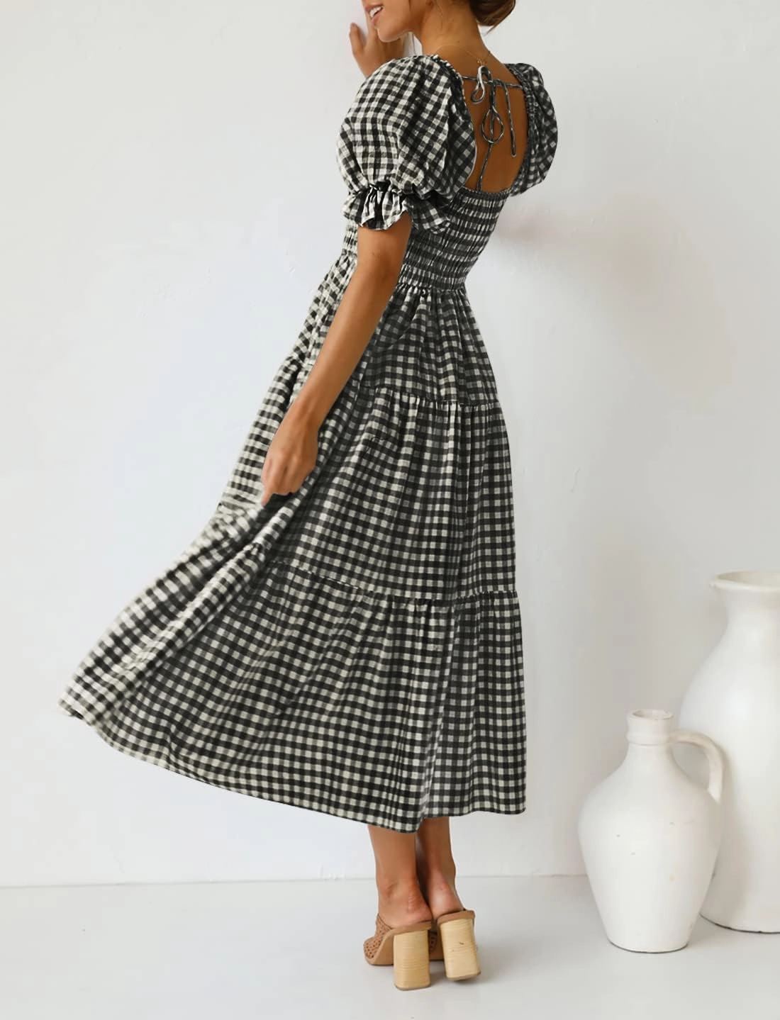 ZESICA Women's 2025 Bohemian Summer Plaid Square Neck Puff Sleeve Ruffle Flowy Beach Midi Dress