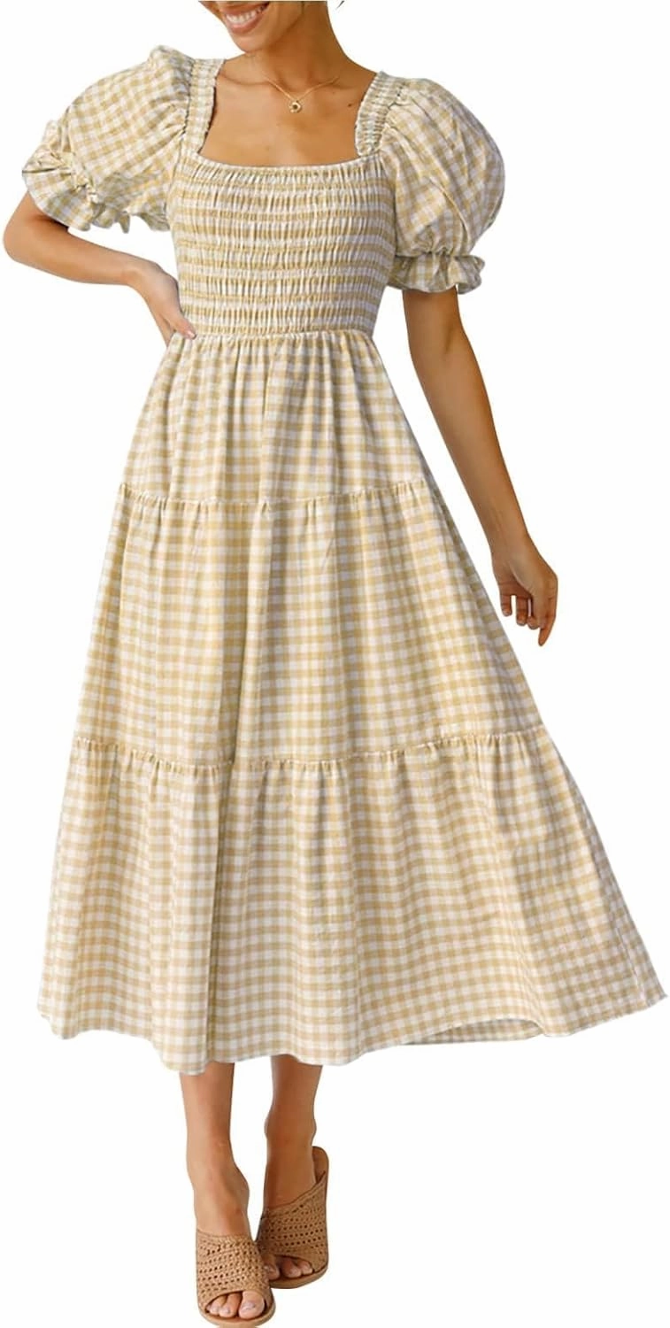ZESICA Women's 2025 Bohemian Summer Plaid Square Neck Puff Sleeve Ruffle Flowy Beach Midi Dress
