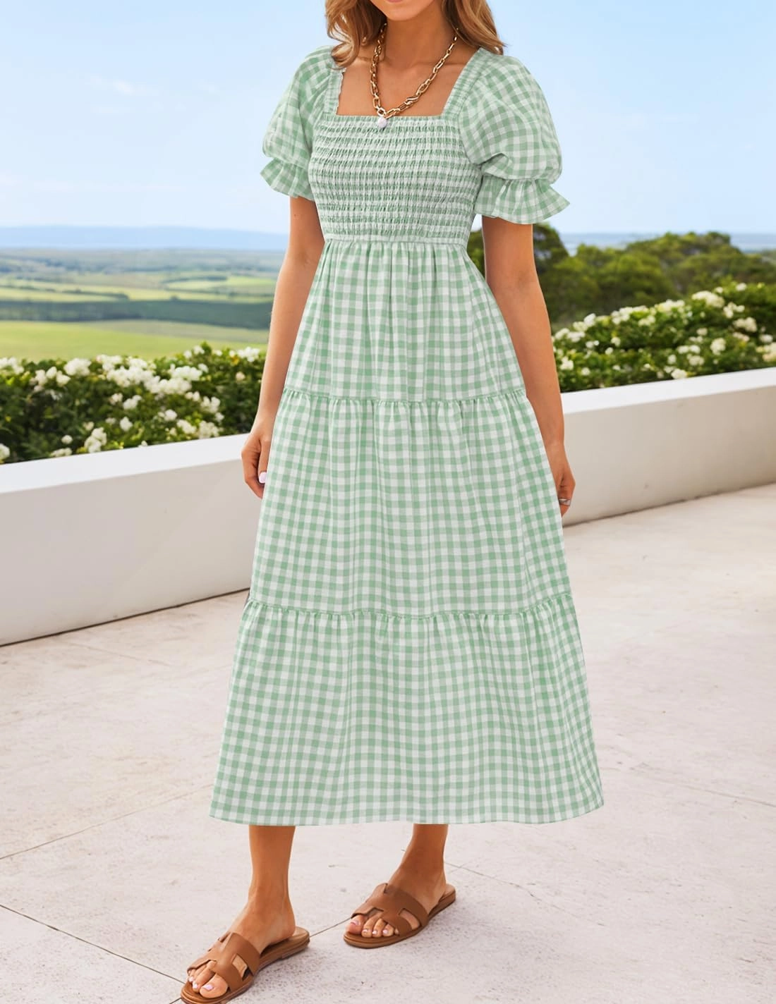 ZESICA Women's 2025 Bohemian Summer Plaid Square Neck Puff Sleeve Ruffle Flowy Beach Midi Dress