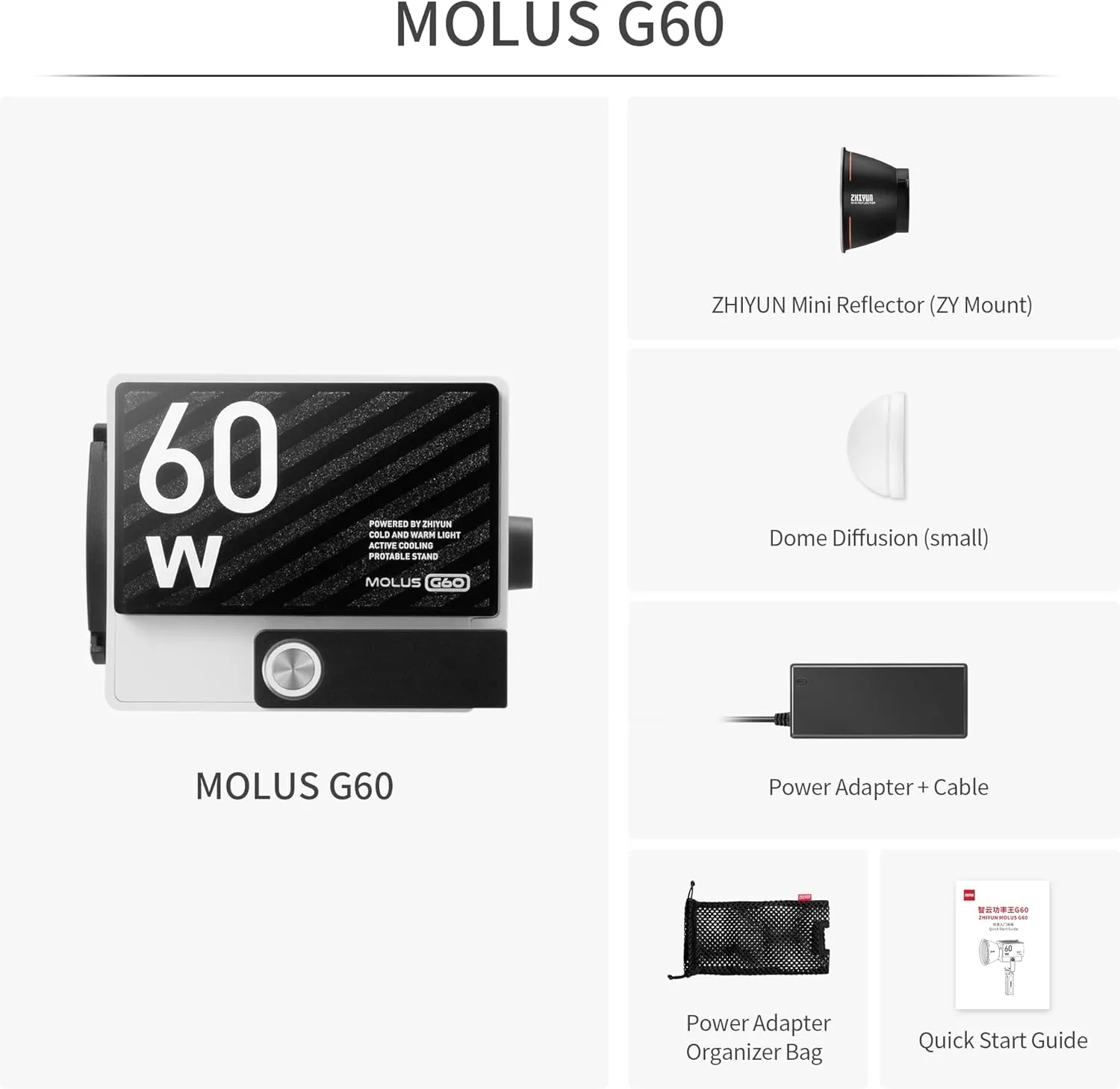 ZHIYUN Molus G60, Bi-Color Video Light, 300g Portable 60W COB LED Continuous Output Lighting, CRI≥96, TLCI≥97, Bluetooth App Control, ZY Mount Ecosystem DC/PD Power Supply