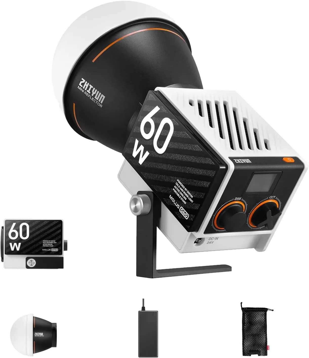 ZHIYUN Molus G60, Bi-Color Video Light, 300g Portable 60W COB LED Continuous Output Lighting, CRI≥96, TLCI≥97, Bluetooth App Control, ZY Mount Ecosystem DC/PD Power Supply