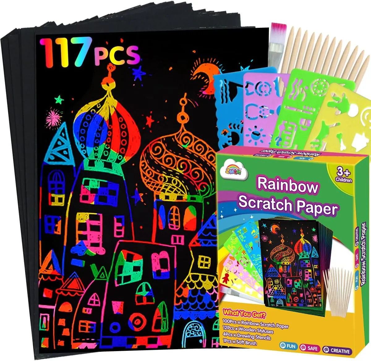 ZMLM Rainbow Scratch Paper Kit: 117Pcs Magic Art Craft Stuff Supplies Black Drawing Pad for Age 3-12 Kids Children Girl Boy DIY Toy Activity Educational|Party Faver|Christmas Birthday Gifts
