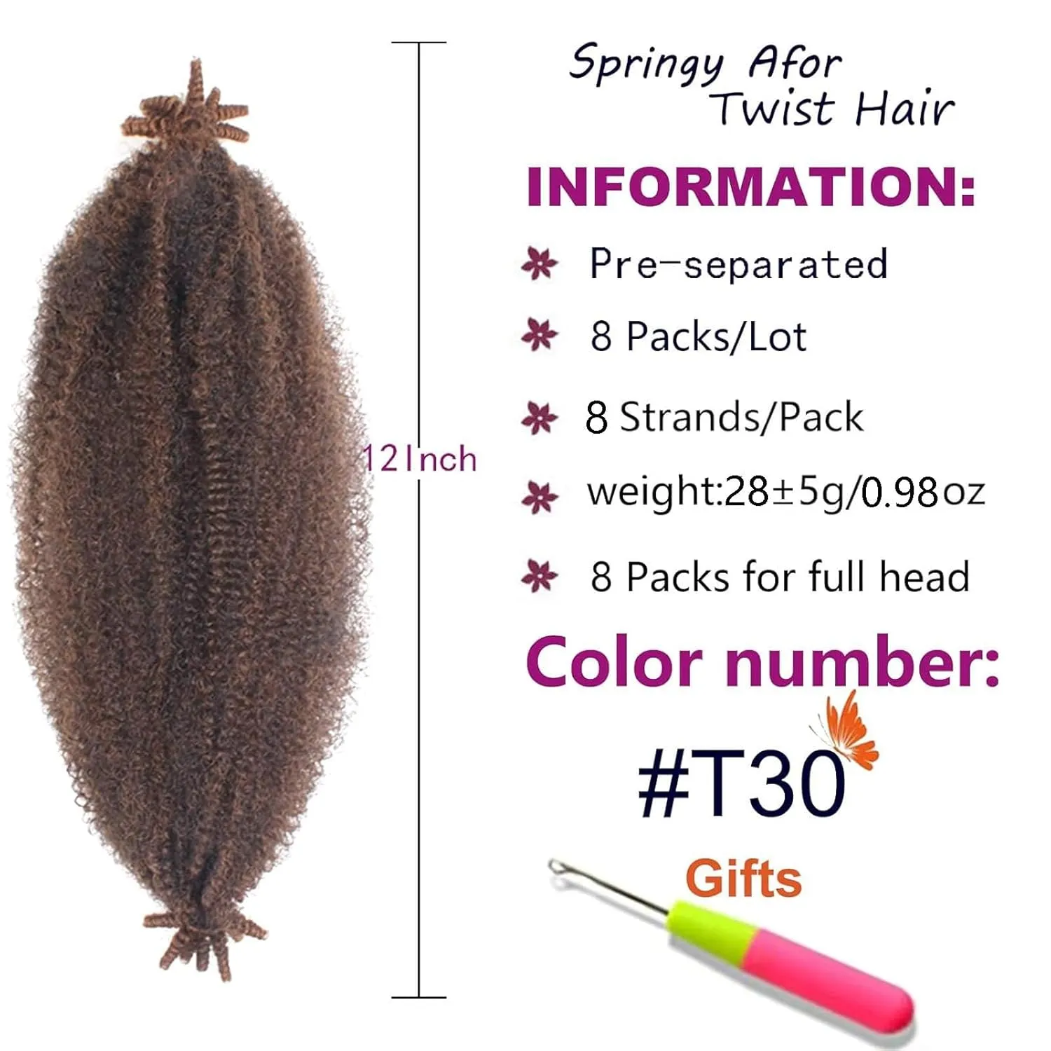 ZRQ 12 Inch Springy Afro Twist Hair For Distressed Butterfly Locs 8 Packs Ombre Marley Crochet Braiding Hair Synthetic Natural Kinky Twist Hair Extension For Black Women 8 Strands/Pack (1B/30#)